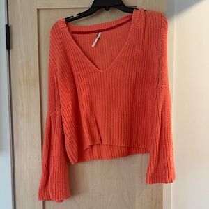 Free People Coral Cropped V-Neck Sweater with bell sleeves